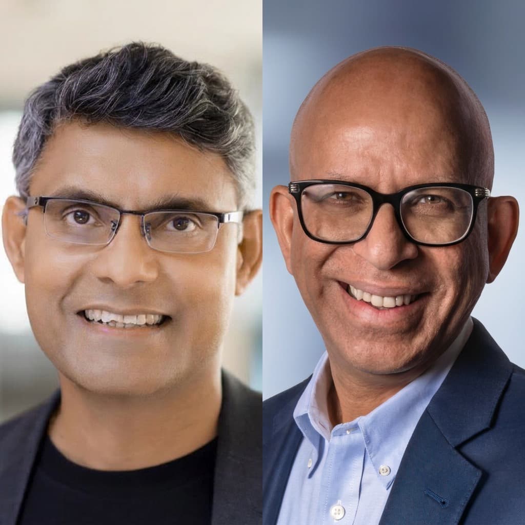 Side-by-side portraits of TIAA's Sastry Durvasula and Accenture's Manish Sharma
