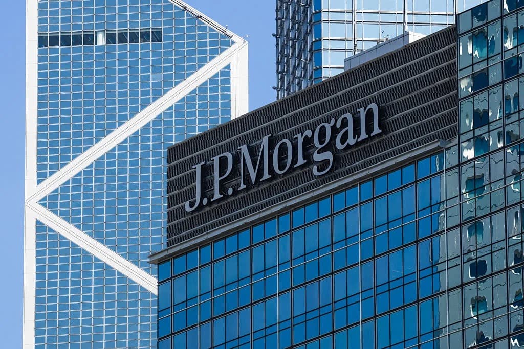 J.P. Morgan signage displayed on the exterior of a Hong Kong office tower